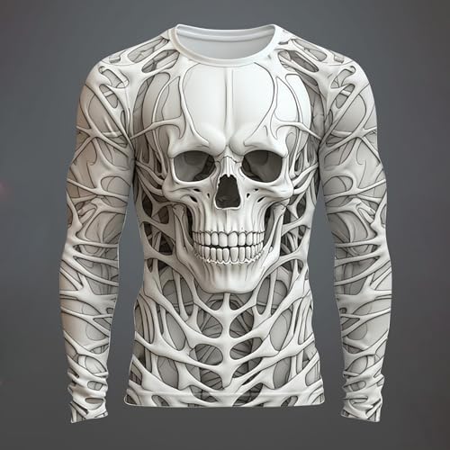 Mens Skeleton Shirt Long Sleeve Funny Skull Rib Cage 3D Print T Shirts Trendy Crew Neck Tshirt Holiday Party Outfits