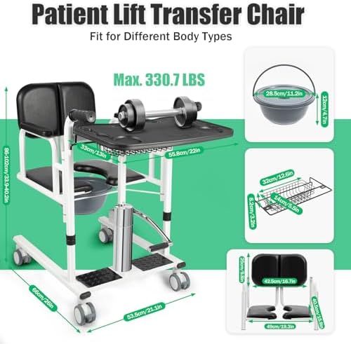 Patient Lift Transfer Chair, 5 in 1 Patient Lift Chair for Elderly and Disabled with 180°Split Seat,Portable Potty & Seat Cushion for Home,Adjustable Hydraulic Lifting Height,330.7lbs (Black)