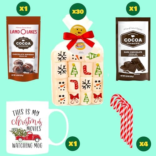 Marshmallow Gift Pack with Hot Cocoa, Candy Canes & 15oz Mug | 30 Count Holiday Gift Box with Soft Vanilla Marshmallows, 2 Cocoa Mixes & 4 Peppermint Candy Canes | Festive Gift Set for Family & Friends