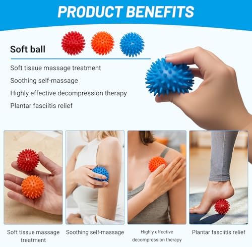 3PCS Spiky Massage Balls Set for Back, Feet, Hands, Muscles, Soft Spiked Massager Rollers for Plantar Fasciitis Relief, Myofascial Release, Acupressure and Stress Relief，2.7 Inch