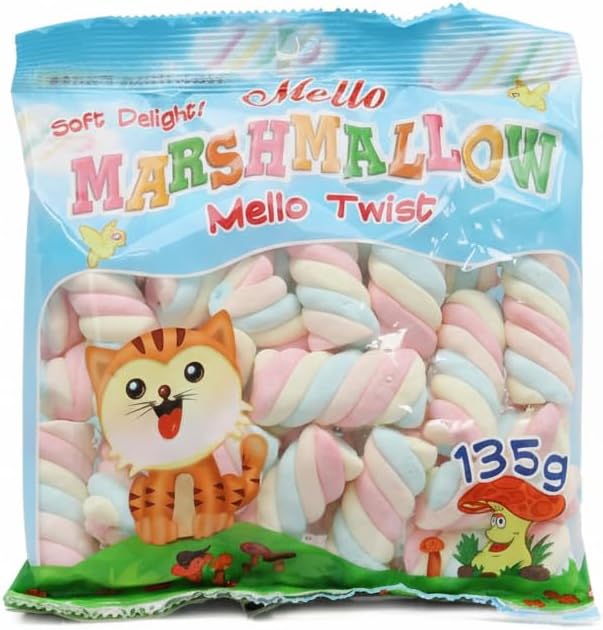 Mellow Twist Marshmallow 135g – Soft & Fluffy Twisted Marshmallow Trio – Perfect Snack, Hot Chocolate Topping, or Sweet Treat – Korean Snack