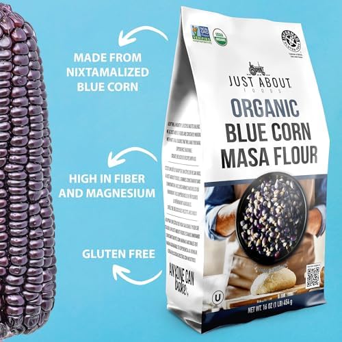 USDA Organic Blue Corn Flour 1lb, Flour for Tortillas, Sopes, and Mexican Dishes, Gluten-Free, Kosher and Vegan, Masa Flour for Baking, Just About Foods