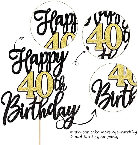 1 PCS Happy 40th Birthday Cake Topper Black Gold Glitter Cheers to 40 Years Birthday Cake Pick 40 Fabulous Cake Decoration for Happy 40th Birthday Anniversary Party Cake Decorations Supplies