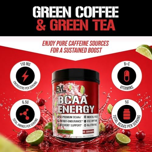 EVL BCAAs Amino Acids Powder - BCAA Energy Pre Workout Powder for Muscle Recovery Lean Growth and Endurance - Rehydrating Post Workout Recovery Drink with Natural Caffeine - Cherry Limeade