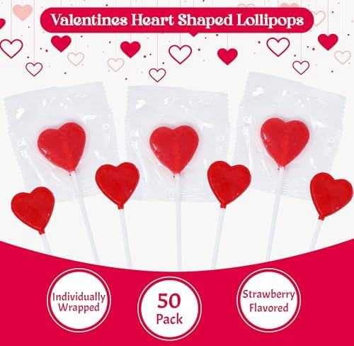 Gift Boutique Valentines Day Heart Shaped Lollipops 50 Pack Strawberry Flavored Candies Hearts Red Lollipop Suckers Individually Wrapped Party Treats