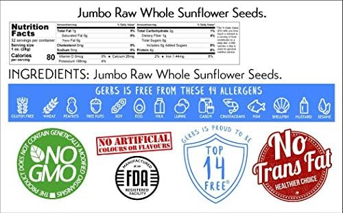 Gerbs Jumbo Raw Whole Sunflower Seeds 2 lbs. | No Artificial Additives, Shell-On, Resealable Bag | Crack-and-Eat Crunchy Snack | Top 14 Allergen-Free