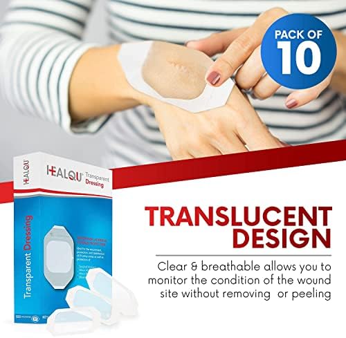 Transparent Film Dressing 4" x 4.75" (10 Pack) - Waterproof Adhesive Wound Bandages for Post-Surgical Shower, IV Shield, Tattoo Aftercare, Clear Breathable Dressing Patches by HEALQU