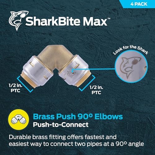 SharkBite Max 1/2 Inch 90 Degree Elbow, Pack of 4, Push to Connect Brass Plumbing Fitting, PEX Pipe, Copper, CPVC, PE-RT, HDPE, UR248A4