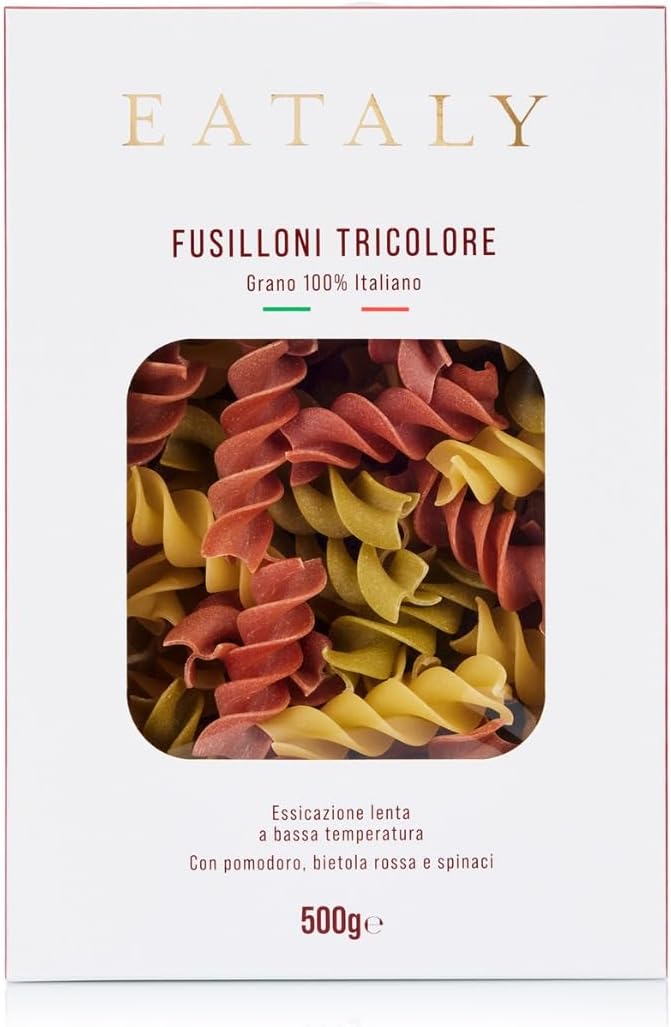 Eataly Italian Tricolore Fusilloni Pasta Noodles - 500g (17 oz.) Box -Authentic Durum Semolina Wheat - Made in Italy- Dried Pasta for Gourmet Dining, 1 Pack