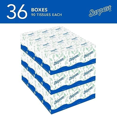 Surpass Facial Tissue, Bulk (21320), 2-Ply, White, Upright Cube Boxed Format, Ecologo, Designed for Business (90 Tissues/Box, 36 Boxes, 3,240 Sheets/Case)