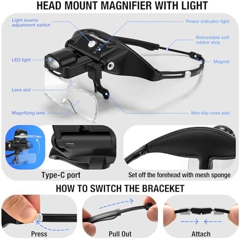 Magnifying Glass with Light 1X-4X, Rechargeable Magnifying Glasses Magnetic Head Magnifier, Magnify Glass with 6 Detachable Lenses, Warm Cold Light Modes Magnifier for Close Work Hobby Crafts