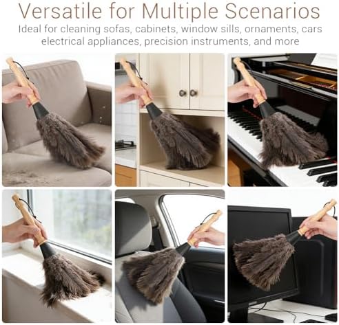 Ostrich Duster,Anti Static Reusable Wooden Handle Ostrich Duster Dust Removal Cleaning Tool for Home Office Car