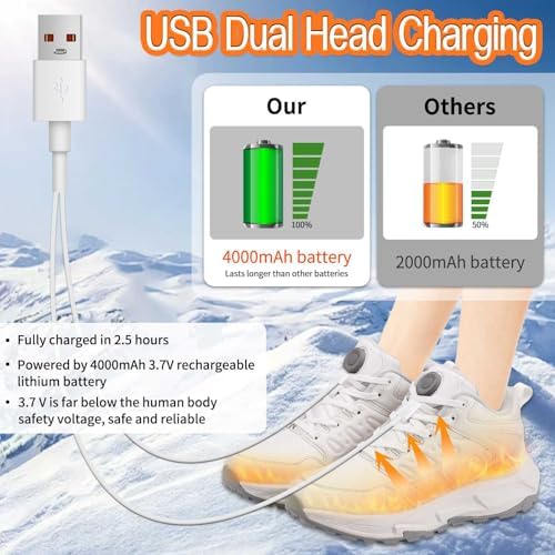 Heated Sneakers for Men Women,4000mAh Battery Rechargeable Foot Warmer Shoes with 3 Heating Levels,Heating Hiking Shoes for Unisex Outdoor Feet Warm Anti-Slip Snow Trail Shoes