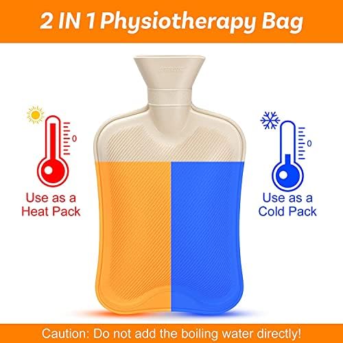 Large Hot Water Bottle with Cover, 2 Litre, Premium Natural Rubber Hot Water Bag, Soft Fleece Cover for Pain Relief, Back, Neck and Shoulders & Warm Cosy Nights (Beige)