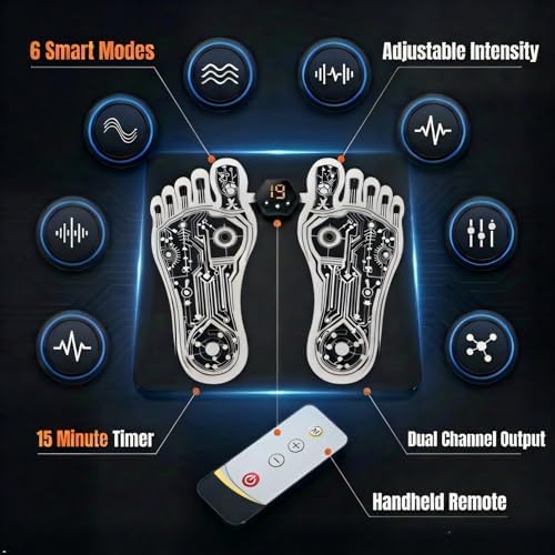 EMS Foot Muscle Stimulator & TENS Machine for Pain Relief - Helps Neuropathy, Plantar Fasciitis & Circulation - Portable Folding Mat with Remote for Elderly, Office Workers & Home Use
