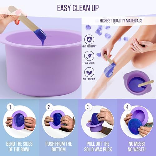 2-pack Silicone Wax Warmer Liner, Silicone Wax Bowl for Wax Warmer, Non-Stick Wax Melt Warmer Wax Pot Replacement, Reusable Wax Melt Liner with 50 Pcs Wax Spatula Sticks for Hair Removal purple