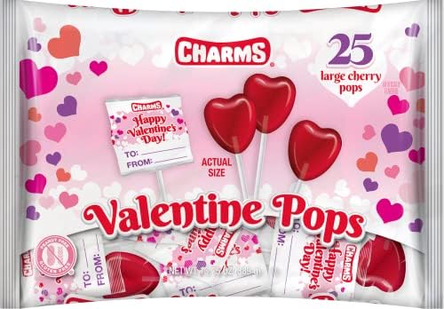 Charms Cherry Valentine Pops 25 count Bag - 2 Pack Total 50 Lollipops Cherry Heart Shape with Valentine's Wrappers