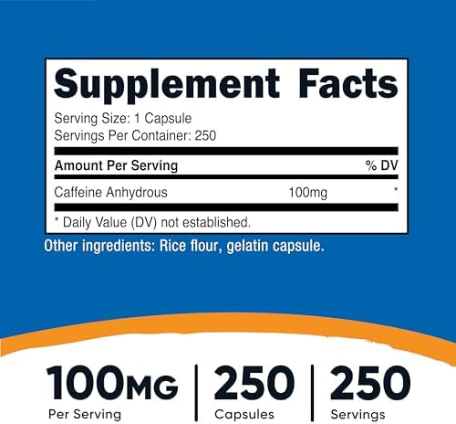 Nutricost Caffeine Pills 100mg Per Serving, 250 Capsules