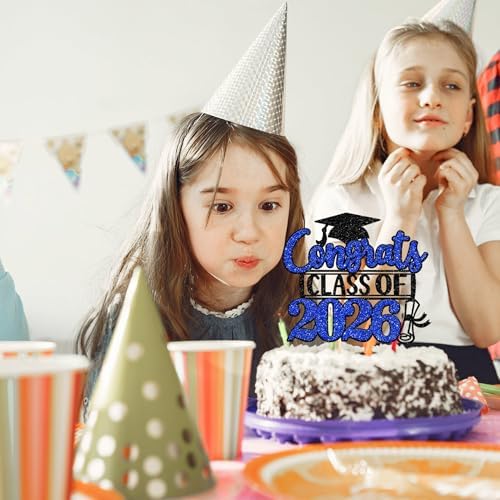 Rsstarxi 1 Pack Congrats Class of 2026 Cake Topper Glitter Congrats Class of 2026 Graduation Cap Diploma Cake Pick Decorations for 2026 Graduation Theme Party Supplies Black Blue