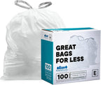 Plasticplace Custom Fit Trash Bags, Compatible with simplehuman Code E (100 Count) White Drawstring Garbage Liners 5.2 Gallon / 20 Liter, 18.5" x 20"