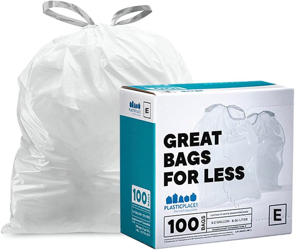 Plasticplace Custom Fit Trash Bags, Compatible with simplehuman Code E (100 Count) White Drawstring Garbage Liners 5.2 Gallon / 20 Liter, 18.5" x 20"