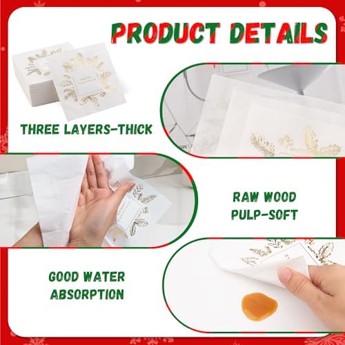 100 Pack of Paper Cocktail Napkins with Gold design，Formal Dinner, Anniversary, Merry Christmas, Guestrooms, Restrooms(5 x 5 in，3-ply) (Gold MC)