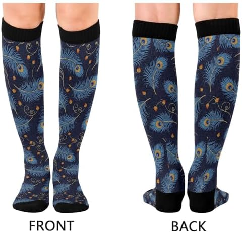 Blue Peacock Feathers Compression Socks for Women and Men 20-30 mmHg Knee High Socks for Nurses Travel Socks 1 Pair
