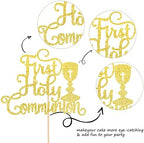1 PCS First Holy Communion Cake Topper Glitter Christian Baby Baptism Cake Pick God Bless Cake Decorations for First Communion Theme Baby Shower Birthday Party Supplies Gold