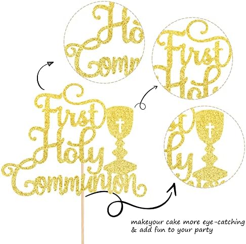 1 PCS First Holy Communion Cake Topper Glitter Christian Baby Baptism Cake Pick God Bless Cake Decorations for First Communion Theme Baby Shower Birthday Party Supplies Gold