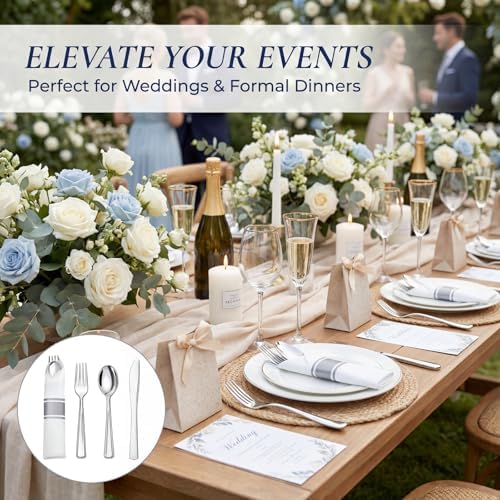Liacere 100 Pack Silver Plastic Silverware-Pre Wrapped cutlery and Napkin-Pre Rolled Silverware Disposable 100 Forks, 100 Knives 100 Spoons, 100 Napkins Plastic Utensils＆Wedding