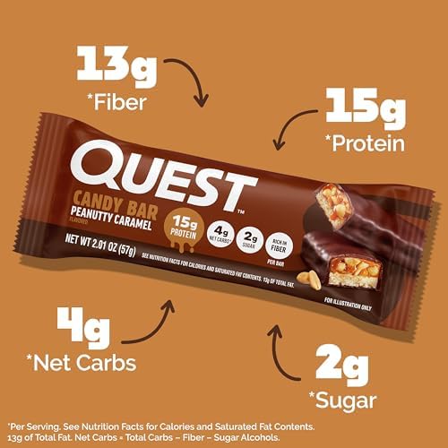 Quest Nutrition Protein Bar, Peanutty Caramel Flavor, 15g Protein, 2g Sugar, Low Sugar, Gluten Free, 12 Count