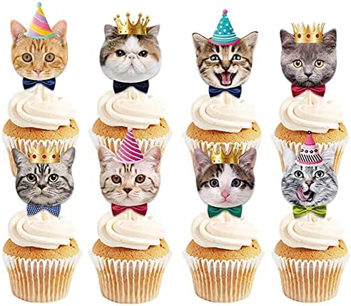 TSJ 24PCS Cat Cupcake Toppers, Cats Face Cake Toppers, Kitten Pet Theme Decorations Stick Toothpicks Supplies for Party Baby Shower