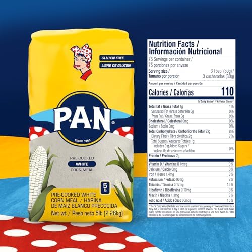 P.A.N. White Corn Meal – Pre-cooked Gluten Free and Kosher Flour for Arepas (5 lb/Pack of 1)