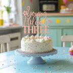 Rose Gold Glitter Young Wild & Three Cake Topper, Forest Woodland Campfire Themed 3rd Birthday Décor, Spring Flower Themed Baby's 3rd Birthday Party Decorations Supplies