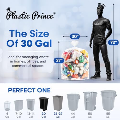 20-30 Gallon Clear Trash Bags, 30"x37", 13 Micron High-Density Garbage Can Liners, Fits Square & Round Bins, Heavy-Duty Recycling Bags for Home, Office, Indoor & Outdoor Use, Pack of 500