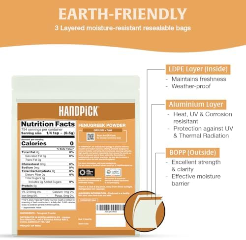 HANDPICK Fenugreek Powder (397g/14oz) Non GMO, Gluten Free, 100% Raw Methi Seeds, Sourced from India, For Cooking, Packed in Resealable Ziplock Pouch
