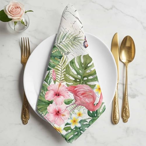 Summer Flamingo Flower Leaf Cloth Napkins Set of 6, Washable Napkins Cloth, Tropical Plant Butterfly Retro Wood Table Dinner Napkins for Kitchen Wedding Parties
