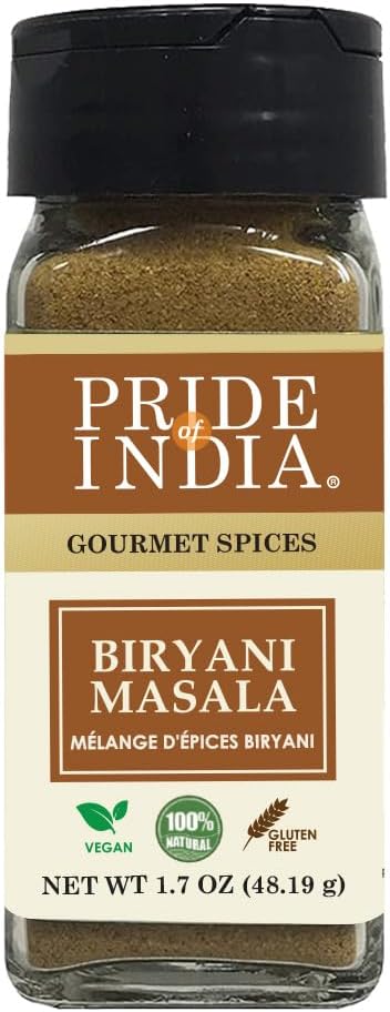 Pride of India – Indian Biryani Masala Seasoning Spice - 2.40 oz. Small Dual Sifter Bottle – Gourmet Spice Blend - Ideal for layered vegetable and meat pilaf – Suitable for Vegetarians & Vegans