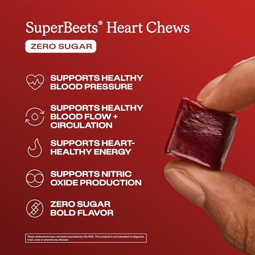 Humann SuperBeets Heart Chews Zero Sugar, Beet Root Supplement, Energy, Nitric Oxide and Blood Pressure Support, Grape Seed Extract & Non-GMO, Heart Health, Pomegranate Berry Flavor, 60 Count