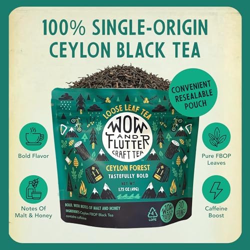 Wow and Flutter Ceylon Forest Loose Leaf Black Tea | Single-Origin Sri Lankan FBOP Leaves, Bold, Smooth & Naturally Sweet Malt + Honey Notes | Small-Batch Fresh Packed - 1.75 oz Pouch