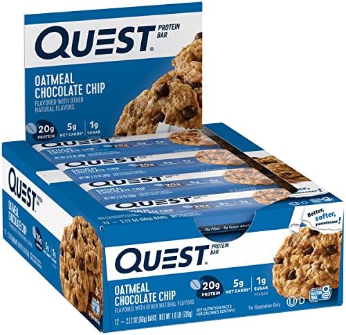 Quest Nutrition Oatmeal Chocolate Chip Protein Bars, 20g Protein, 1g Sugar, 5g Net Carb, Gluten Free, Keto Friendly, 12 Count