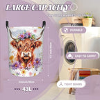 Highland Cow Laundry Basket, 43L Round Oxford Cloth Laundry Hamper, Waterproof Collapsible Storage Organizer Bin with Handles for Toys, Nursery Home Storage, Gift for Chritsmas Thanksgiving 13.8x17.7
