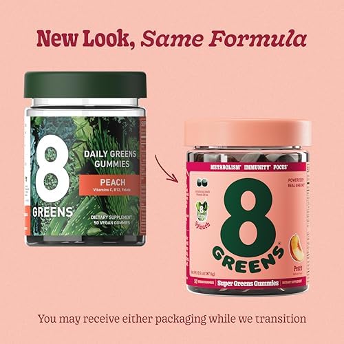 8Greens Supergreens Gummies | Superfood Gummy for Metabolism, Immunity & Focus, Digestive Health Enzymes, Organic: Chlorella, Spirulina, Aloe Vera, Peach Flavor, 100 Count