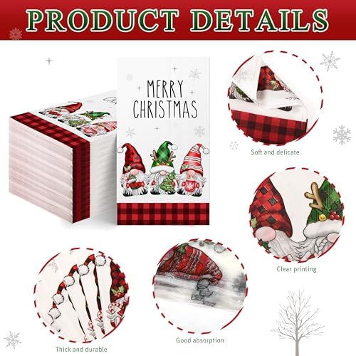 100Pcs Christmas Gnome Napkins, Disposable Holiday Dinner Paper Napkins for Xmas Party Supplies, 7.87 x 4.3 Inch