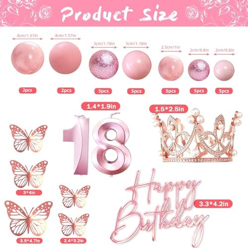 18th Birthday Cake Topper Set, Rose Gold Balls Cake Toppers with Happy Birthday Crown Tiara, Numeral 18 Candle and Birthday Candles for 18 Birthday Party Decorations (18th)