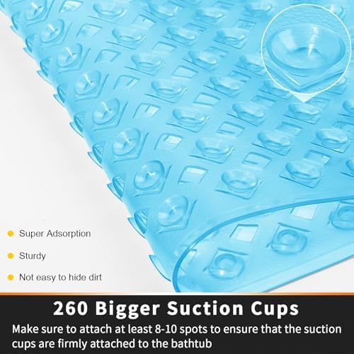 Yimobra Bathtub Mat Non Slip, 34.5"x15.5" Shower Mat with Strong Suction Cups & Drain Holes, Long Anti Slip Bath Tub Mat for Inside Shower, Machine Washable Fast Drying, Bathroom Essentials,Clear Blue