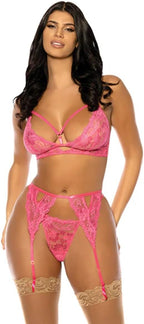 Oh La La Cheri Aphrodite Lace Keyhole Bralette w/Garters & G-String - Raspberry S/M