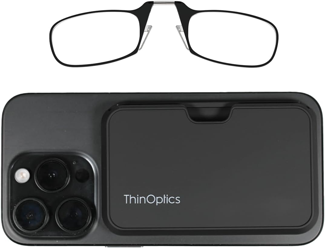 ThinOptics Readers with Magsafe Compatible Case - Armless On-Nose Reading Glasses - Slim Case Attaches to Phone