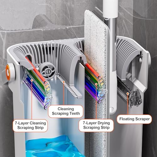 Mop and Bucket Set, Flat Mop and Bucket System, Mop Bucket with Wringer, Wall Mop with Adjustable Handle (Max 61 Inches), 5 Washable Microfiber Mop Pads