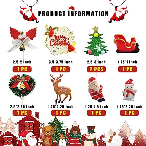 25pcs Christmas Cake Topper Merry Christmas Cake Decorations Cupcake Toppers with Craft Tree Mini Santa Sleigh Reindeer, Snowman Cake Decoration and Xmas Miniature Ornaments
